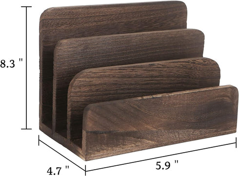 File Holder for Desk, Rustic Wood Paper Organizer, Mail Sorter for Desktop, Dark Brown