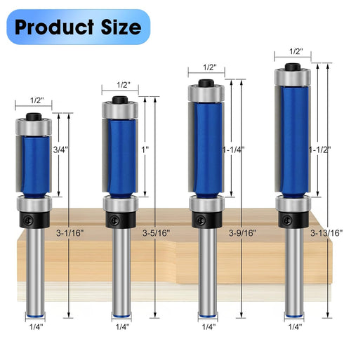 4 1/4 Inch Set Trimming 1/2" 3/4", 1", 1-1/4", 1-1/2" Pynsseu Pcs Flush Trim Router Bits Shank Top and Bottom Bearing