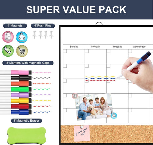 Dry Erase Calendar for Wall - 16"X12" Double-Sided Whiteboard Cork Board Combo, Small Hanging Magnetic Monthly Calendar