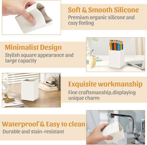 Pen Holder for Desk, Beige Nordic Elegance Square Silicone Pencil Cup Stand for Home, Kids, School Supplies