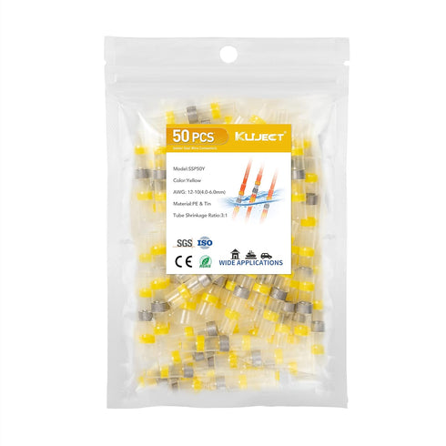 Kuject 50PCS Yellow Solder Seal Wire Connectors, AWG 12-10, Heat Shrink Butt Terminals for Marine Boat Wire Joint
