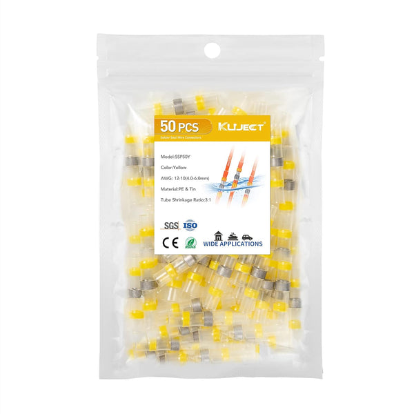 Kuject 50PCS Yellow Solder Seal Wire Connectors, AWG 12-10, Heat Shrink Butt Terminals for Marine Boat Wire Joint