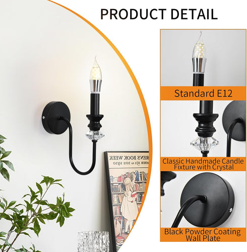 1-Light Black Wall Sconce, Farmhouse Vintage Candle Sconces Wall Light Fixtures for Living Room, Crystal Industrial