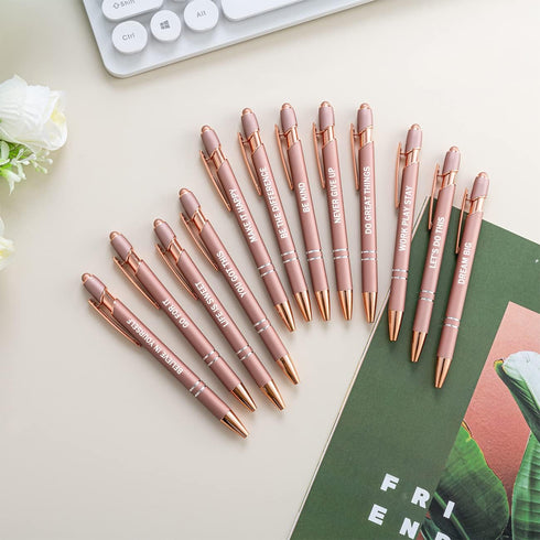 PASISIBICK 12 Pieces Rose Gold Motivational Quotes Snarky Screen Touch Stylus Ballpoint Pens, Black Ink (Rose Gold)