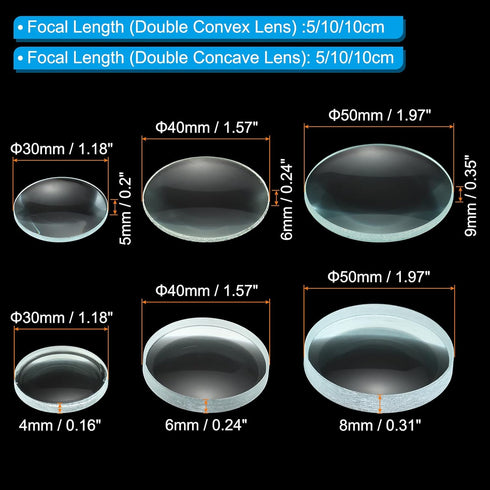 PATIKIL 5cm,10cm Focal Length Double Convex and 7.5cm,10cm Focal Length Double Concave Lens 1 Set, 6 Pack Glass Optically Polished Round Edges Lens, Clear