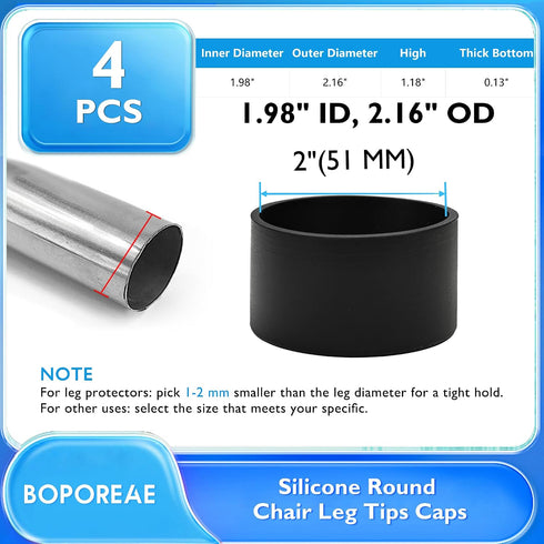 4 2" (51 mm) Pcs Round Chair Leg Tips Caps, Silicone Rubber Furniture Leg Floor Protectors, Reduce Noise Folding Metal