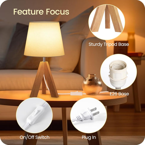 W51TL05 Small Tripod Table Lamp, Modern Nightstand Lamp with Fabric Shade, Boho Bedside Wood Desk Light for Bedroom