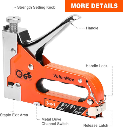 ValueMax Heavy Duty Staple Gun, 3-in-1 Manual Nail Gun with 3000 Staples for DIY, Upholstery, and Craft