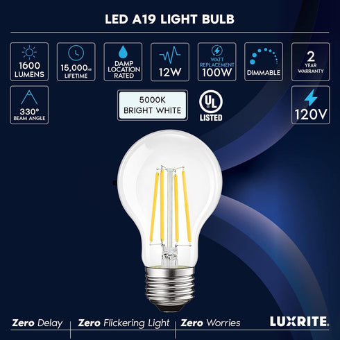 2 Pack LUXRITE Vintage A19 LED Light Bulbs, 100 Watt Equivalent, 1600 Lumens, 5000K Bright White, Dimmable