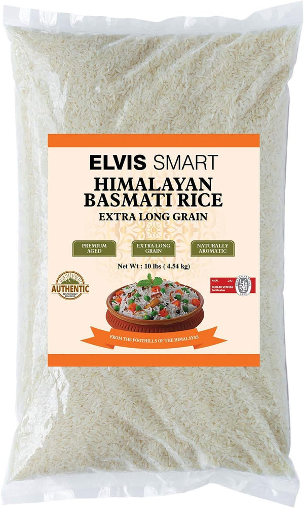Elvissmart Premium White Basmati Extra Long-Grain Aromatic Rice Variety, Fluffy & Quick Cooking,