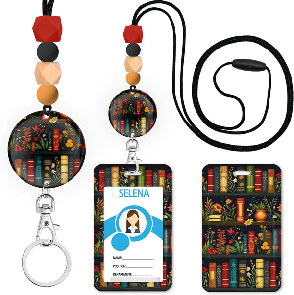 Bookshelf Flower Teacher Lanyards for ID Badges and Keys, Cute Silicone Beaded