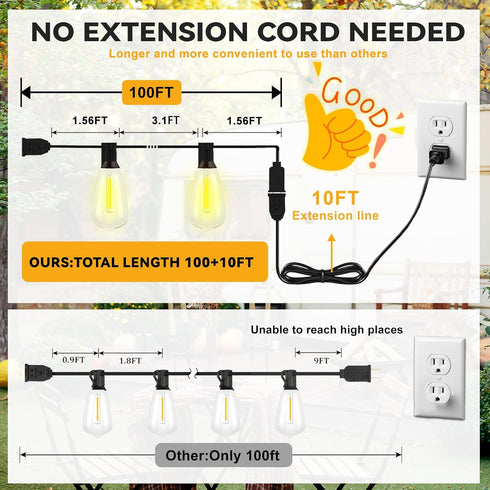 100+10FT 50+2 ST38 Bulbs, Dimmable LED Outdoor String Lights, Patio Deck Lights with Shatterproof Edison Warm White