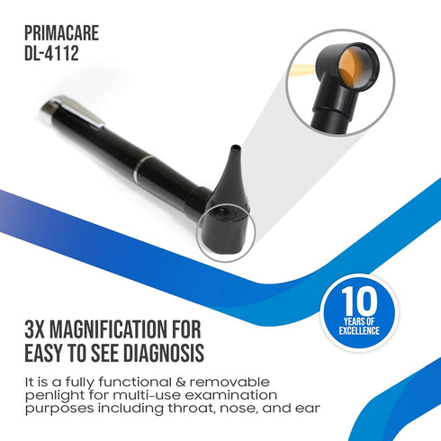 DL-4112 3 PrimaCare Mini Diagnostic Otoscope Kit with High Resolution LED Ear Light, Medical LED Pocket Clip Otoscope