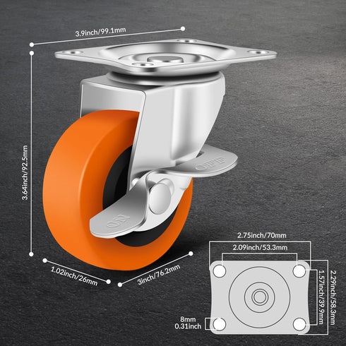 Caster Wheels Set of 8 - 3 Inch Heavy Duty Casters with Brake, Locking Polyurethane Wheels for Furniture
