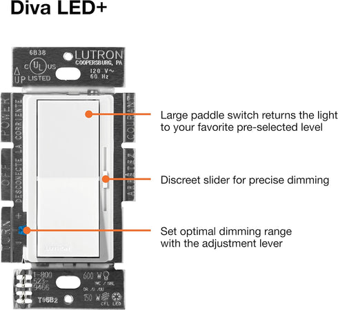 Dimmer Dimmable Bulbs, 150 3-Way, DVCL-153P-AL, Lutron Diva LED+ Light Switch for LED, Halogen, and Incandescent Watt