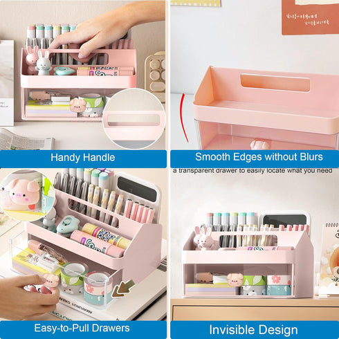 Marte Vanci Desk Organizer with Drawer, Cute Desktop Stationery Caddy, Plastic Makeup Storage Box for Home Office Crafts