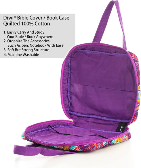 DIWI Quilted Bible Cover Extra Large Sizes 11.25 X 8.25 X 2.75 Inches Bible Tote Case (XL, C2 Purple Garden)