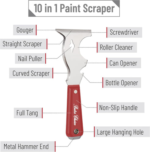 Bates Paint Scraper, 10 in 1 Painters Tool, Red Paint Scrapers for Wood, Putty Knife, Metal Scraper