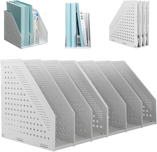 SAYEEC 2Pcs Collapsible Plastic Magazine File Holder, Vertical Binder Organizer for Desk, 3 Compartments, Gray