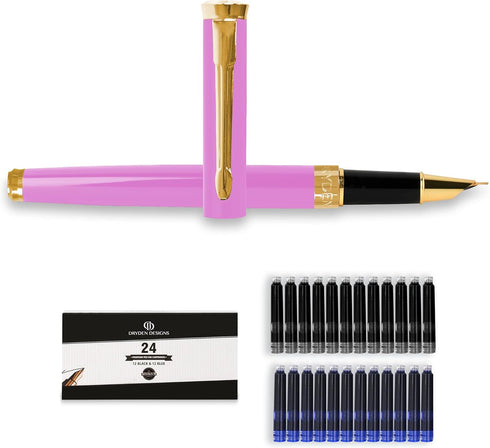 Dryden Designs Fine Nib Fountain Pen - Includes 24 Ink Cartridges (12 Black and 12 Blue) - Smooth Elegant Writing
