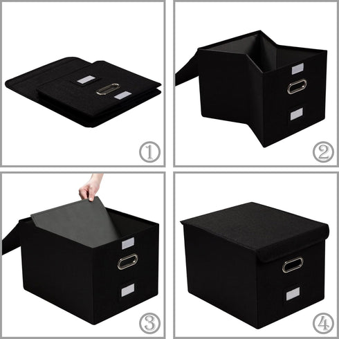 PRANDOM File Organizer Box - Set of 2 Collapsible Decorative Linen Storage with Lids for Office Cabinet (Black)