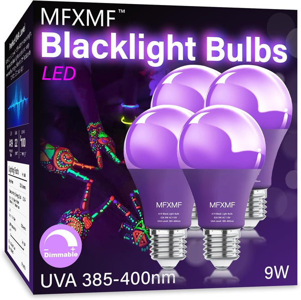 4 Pack A19 LED Black Light Bulbs, 9W (100W Equivalent) E26 Base, Dimmable Black Lights for Halloween
