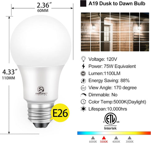 Bulb, 75 9W 1100 5000K Bulbs, E26 Bulb 4-Pack Dusk to Dawn LED Outdoor Light Watt Equivalent, Lumens, Daylight LED