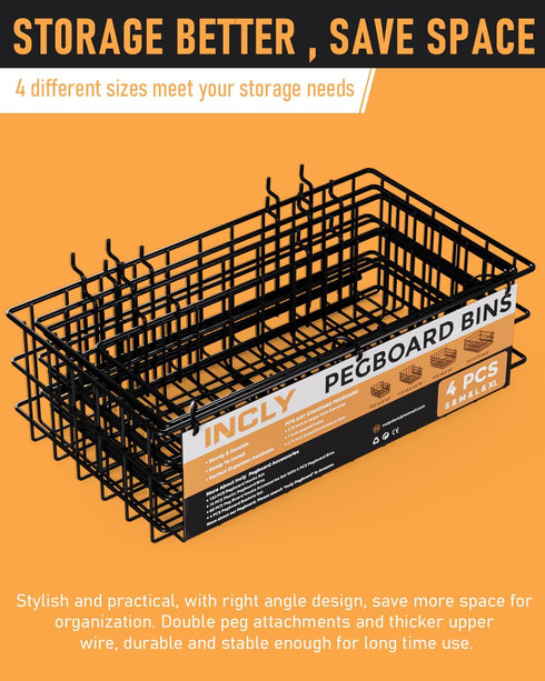 INCLY 4 Pack Pegboard Baskets Bins Set, Square Style Black Metal Wire Basket for Peg Board Organizing Tools