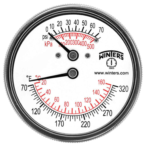 Winters TTD Series Steel Dual Scale Tridicator Thermometer - 2" Stem, 0-75psi/kPa, 2-1/2" Dial Display
