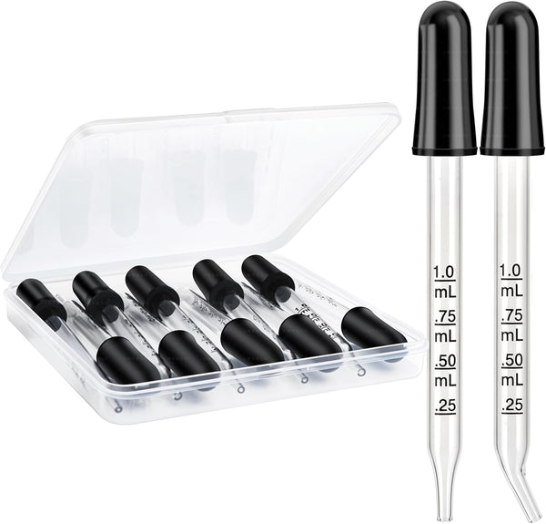 Herain 10 Pack Glass Medicine Droppers with Bent & Straight Tips, 1ml Pipettes for Essential Oils, Lab, Health Care
