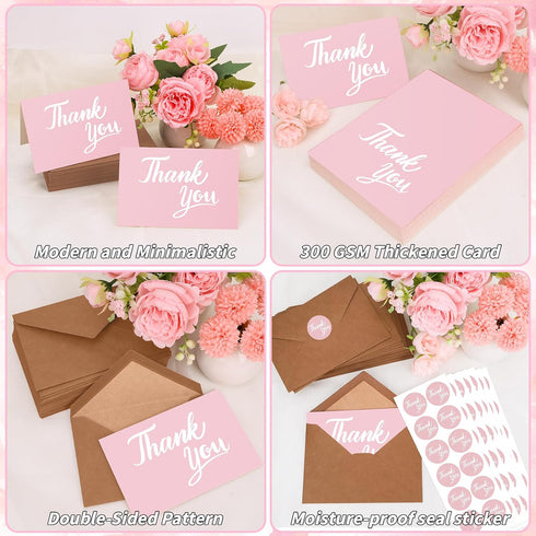 600 4x6 Inch Set Pcs Pink Thank You Cards Bulk with Kraft Envelopes and Stickers Blank Thank You Notes Box Minimalistic