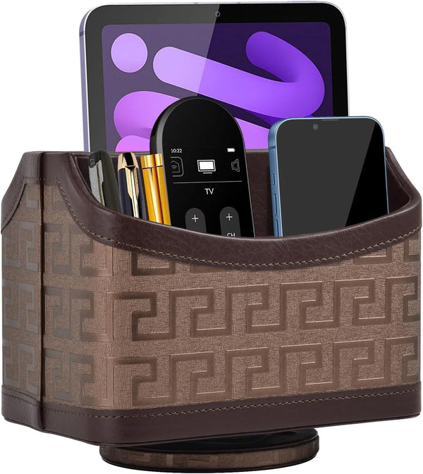 Leather Remote Control Holder, 360° Rotatable Bedside Nightstand Phone Caddy for Desk Organizer & Office Supplies
