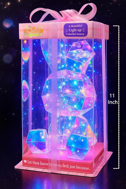 Aladdinas LED Teddy Bear Night Light, Holographic Iridescent Design, Nursery Decor Display Box with Ribbon (Bunny