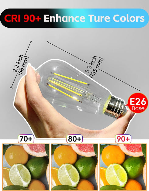 4 Pack Edison Bulbs, 6W E26 LED, 60 Watt Equivalent, Vintage CRI90+ ST19, Dimmable Clear Light Bulbs, 5000K Daylight