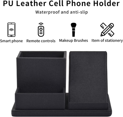 Black Pu Leather Desk Pen/Pencil Organizer with 3 Compartments, Multi-Function Storage Box for Office Supplies