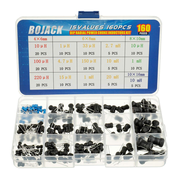 BOJACK 15 Values 160 Pcs Inductor - 10 uH to 20 mH DIP Radial Power Choke Inductors Assortment Kit