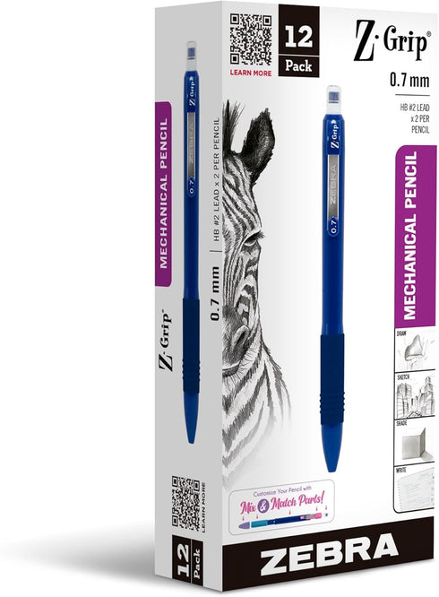 Zebra Pen Z-Grip Mechanical Pencil, 0.7mm HB #2 Graphite, Navy Blue Opaque Barrel, 12-Pack
