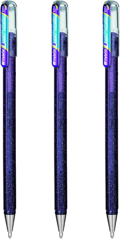 Pentel Hybrid Dual Metallic Liquid Gel Rollerball Pens, K110, Violet & Metallic Blue Ink, Pack of 3