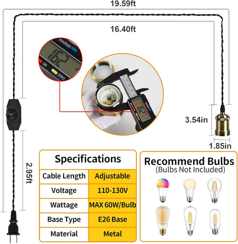 dimmer Lights19.69 Plug in Pendant Light Cord hanging light kit with switch,Farmhouse Hanging ft power cord length,Hemp