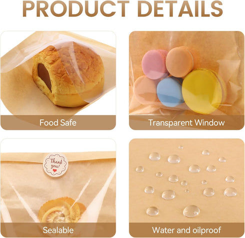 YLQLA 300 7.1 7.5 Inch Packaging Pcs x Heat Sealable Bakery Bags with Window.Treat,Sandwich,Cookie Bags.Kraft Paper