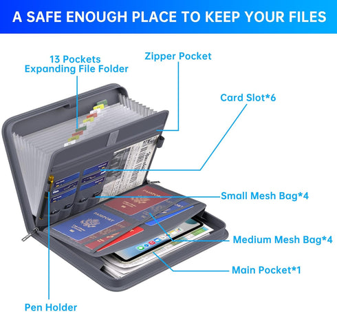 ENGPOW Accordion File Organizer, Fireproof Expanding File Folder with 13 Pockets, Document Organizer Bag with Handle &