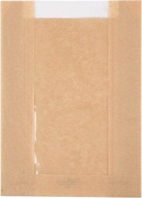 75 Brown Kraft Paper Bakery Bags with Window for Cookies or Pastries, 6 1/2" x 2" x 8 ½" - Bagel - Pastry - Sandwich