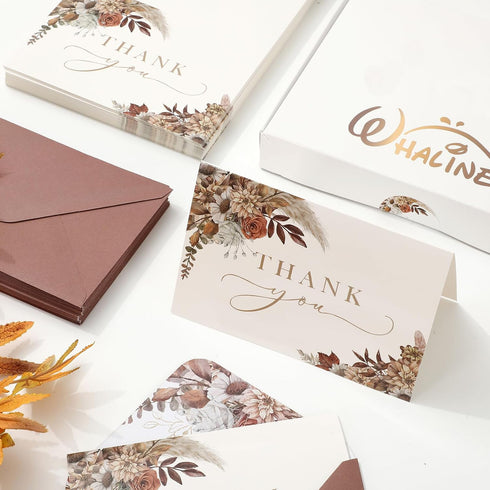 50 Pack 4 6 Inch Whaline Boho Floral Thank You Cards Boxed Retro Flower Note Cards with Envelopes Stickers Fall Blank