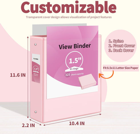 SUNEE 3 Ring Binder 1.5 Inch 2 Pack, Clear View Binder Three Ring PVC-Free (Fit 8.5x11 Inches) for School Binder or Office Binder Supplies, Pink Binder by SUNEE