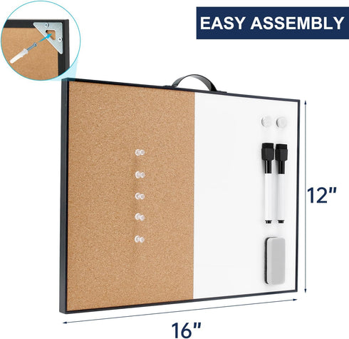 TSJ OFFICE Small Whiteboard Cork-Board, 12" X 16" Portable Aluminum Black Framed Magnetic Dry Erase Board