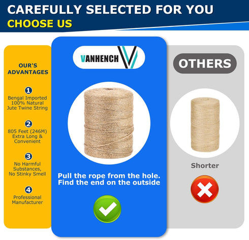 805FT Packing Vanhench Natural Jute Twine String, Bulk Hemp Jute Rope Cord Twine for Crafts Gardening, Gift Wrapping