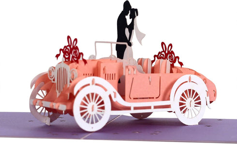 CUTE POPUP Enchanting 3D Wedding Car Card - Premium Handmade Gift - Captivating Pop Up Couple Design