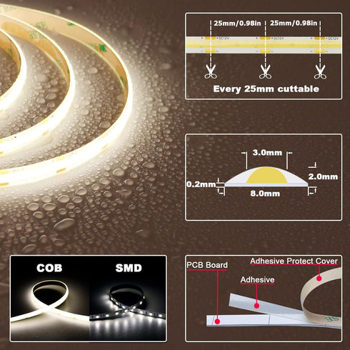 12V 4000K IP65 480LEDs/M 4000Lm CRI>90 16.4ft/5M TOPAI COB LED Strip Light Natural White Waterproof Super Bright Self