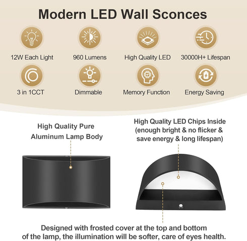 3000K/4000K/6000K Dimmable 12W 1 Pack) TRLIFE Modern Wall Sconces, Selectable and LED Wall Sconce Aluminum Wall Mounted