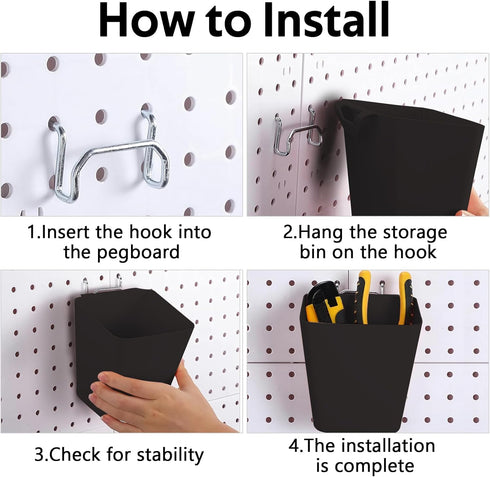 6Pack Pegboard Cups, Large Pegboard Bins with Hooks, Square Box Shape Pegboard Cup Holder Accessories for Garage Office Craft Room DIY Tools Playroom Home Kitchen Organization (Black)